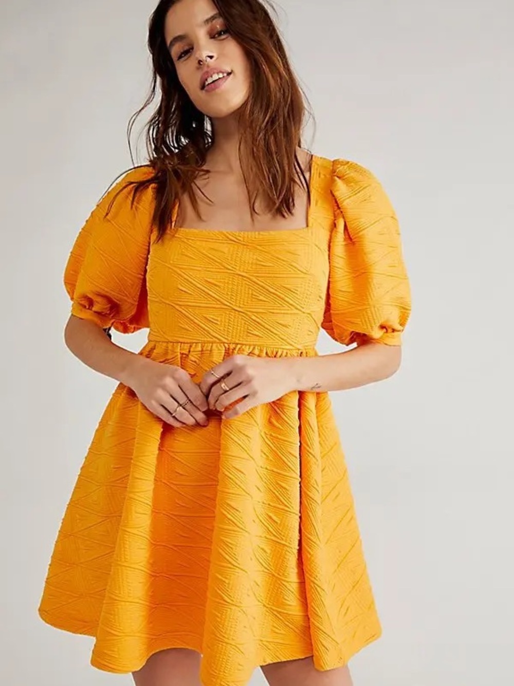 Free People Yellow Violet Mini Dress Open Back Puff Sleeve textured whimsy